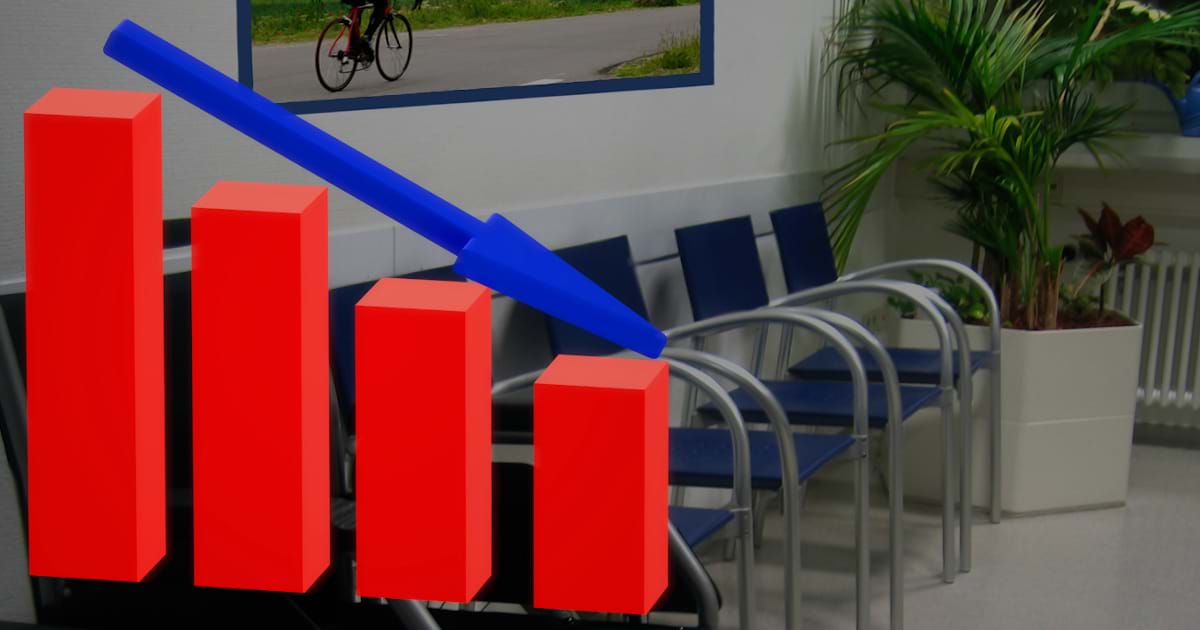 Bar chart showing patient volume declining superimposed on a patient waiting area